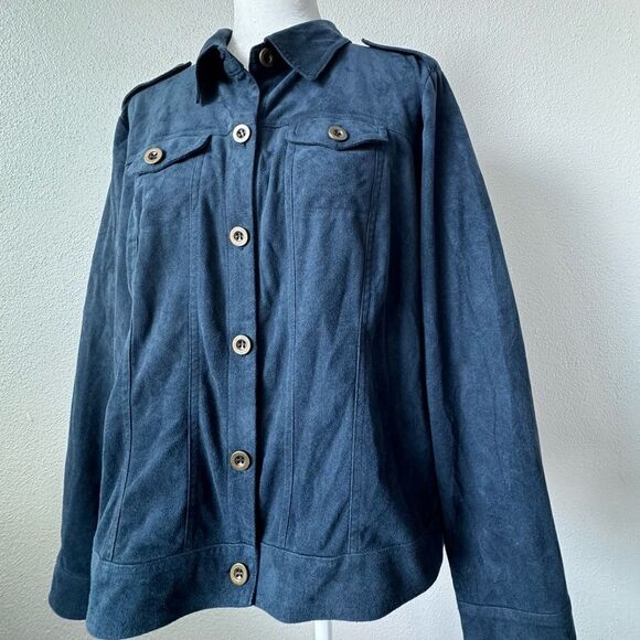 Ultra Suede Blue Jacket Military Style Long Sleeve - Picture 3 of 14